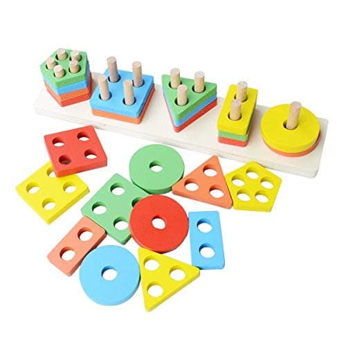 Toyshine Kids Wooden Angle Geometric Blocks Stacker Shape Sorter Column Puzzle Stacking Set