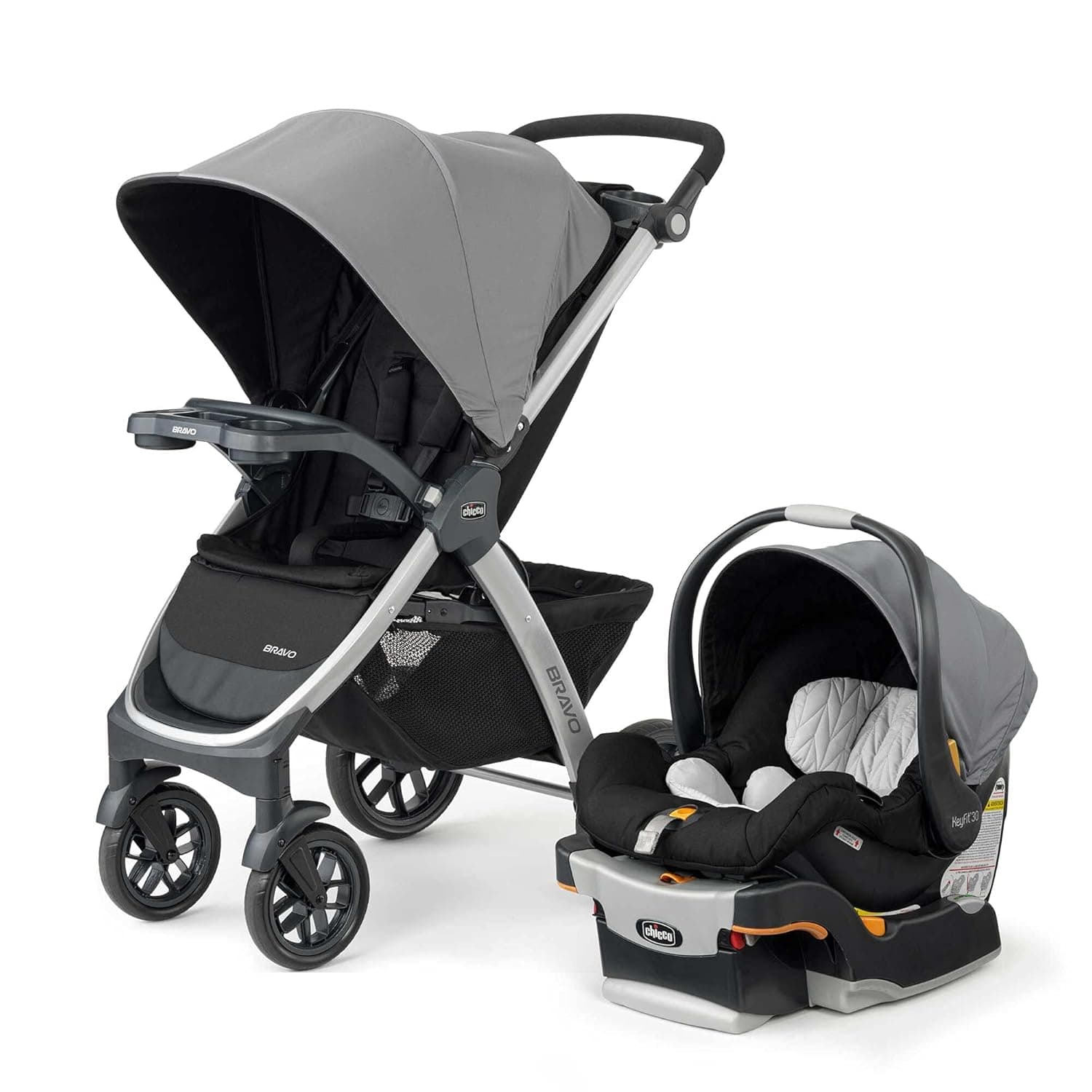 Chicco Bravo Trio Travel System, Pram for 0-5 years New Born / Baby / Toddler / Kid (Boy,Girl), Linked Brakes, Large Wheels with Suspension, One-hand Smart Fold, Child & Parent Trays, Big Storage Basket, Extendable UPF Rated Canopy (Upto 22 Kgs, Camden Black)