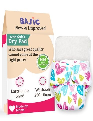 BASIC Cloth Diaper For Baby Washable and Reusable Cotton Cloth Diaper 0 3 Years Freesize Adjustable Reduces Rash With Quick Dry Pad Insert