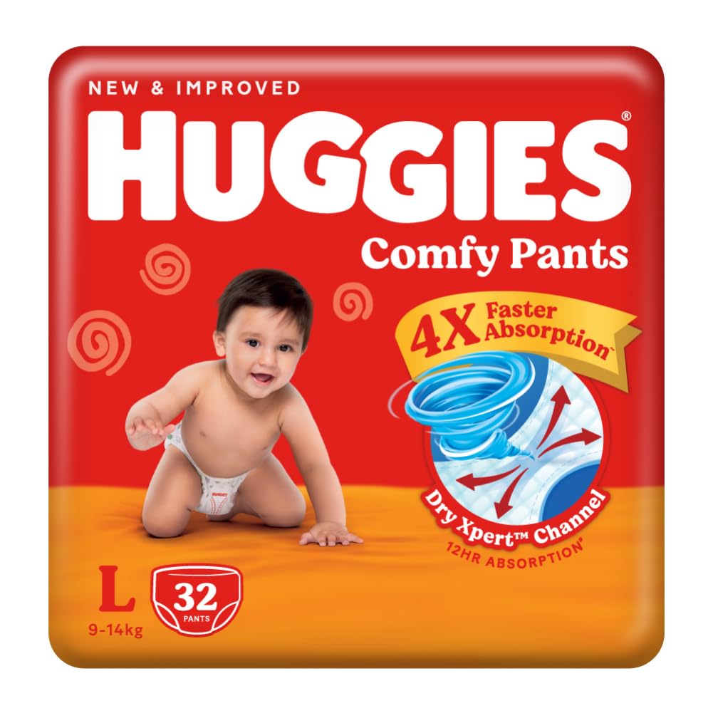 Huggies Comfy Baby Diaper Pants L (32 Pieces) – Upto 50% Faster Absorption, Soft & Leak-Proof Diaper Pants for 9-14 Months