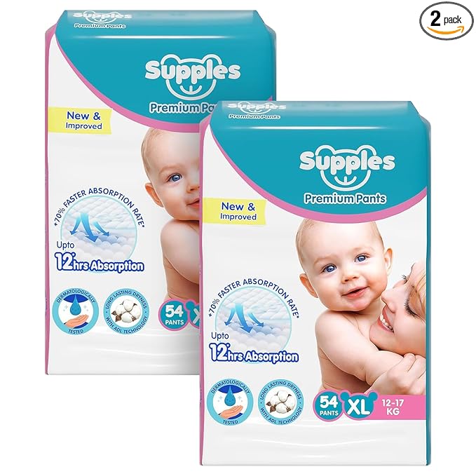 Supples Premium Baby Diapers XL – Cotton Soft Fabric Diaper Pants for 12–17 kg Babies